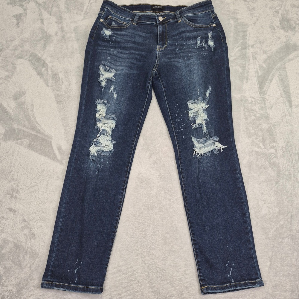 Judy Blue 15/32 (36) Boyfriend Distressed Paint Splatter Jeans Dark JB82198DK
